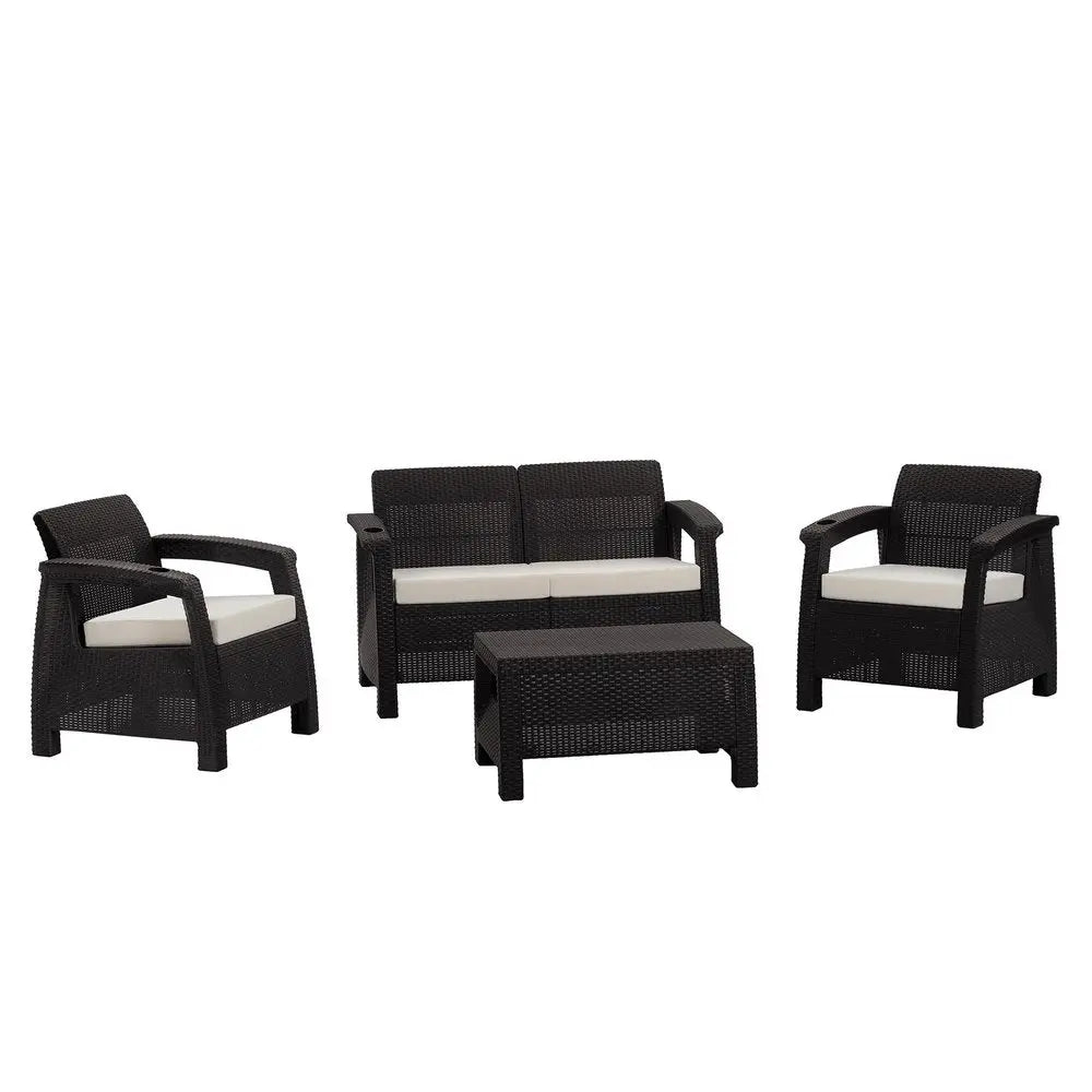4-Piece Outdoor Conversation Set - Espresso Resin Frame with Beige Upholstered Cushions  Warm Home View