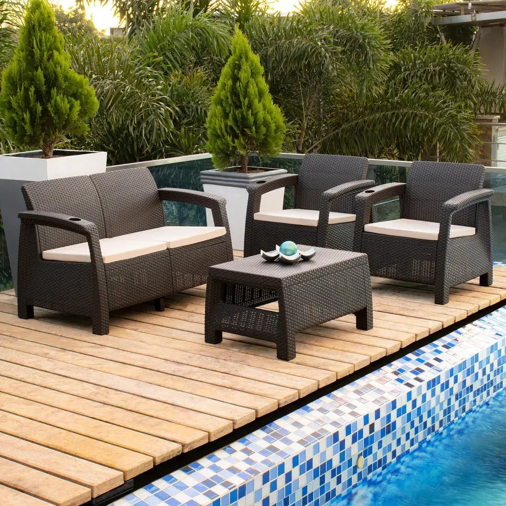 4-Piece Outdoor Conversation Set - Espresso Resin Frame with Beige Upholstered Cushions  Warm Home View