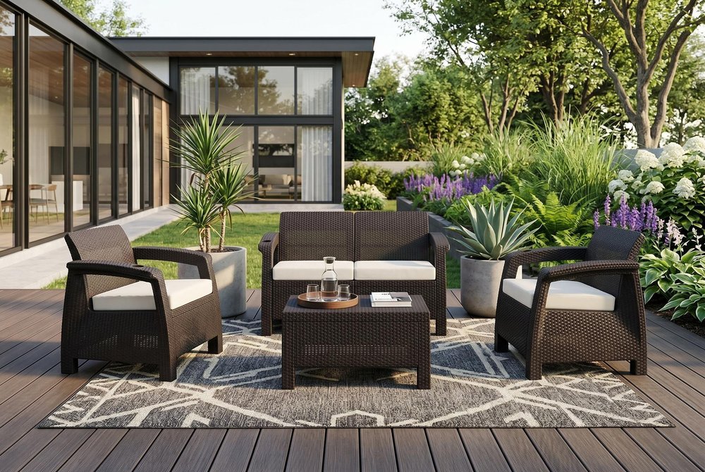 Four Piece Espresso and Beige Plastic Upholstered Cushions Outdoor Patio Set With Table  Warm Home View