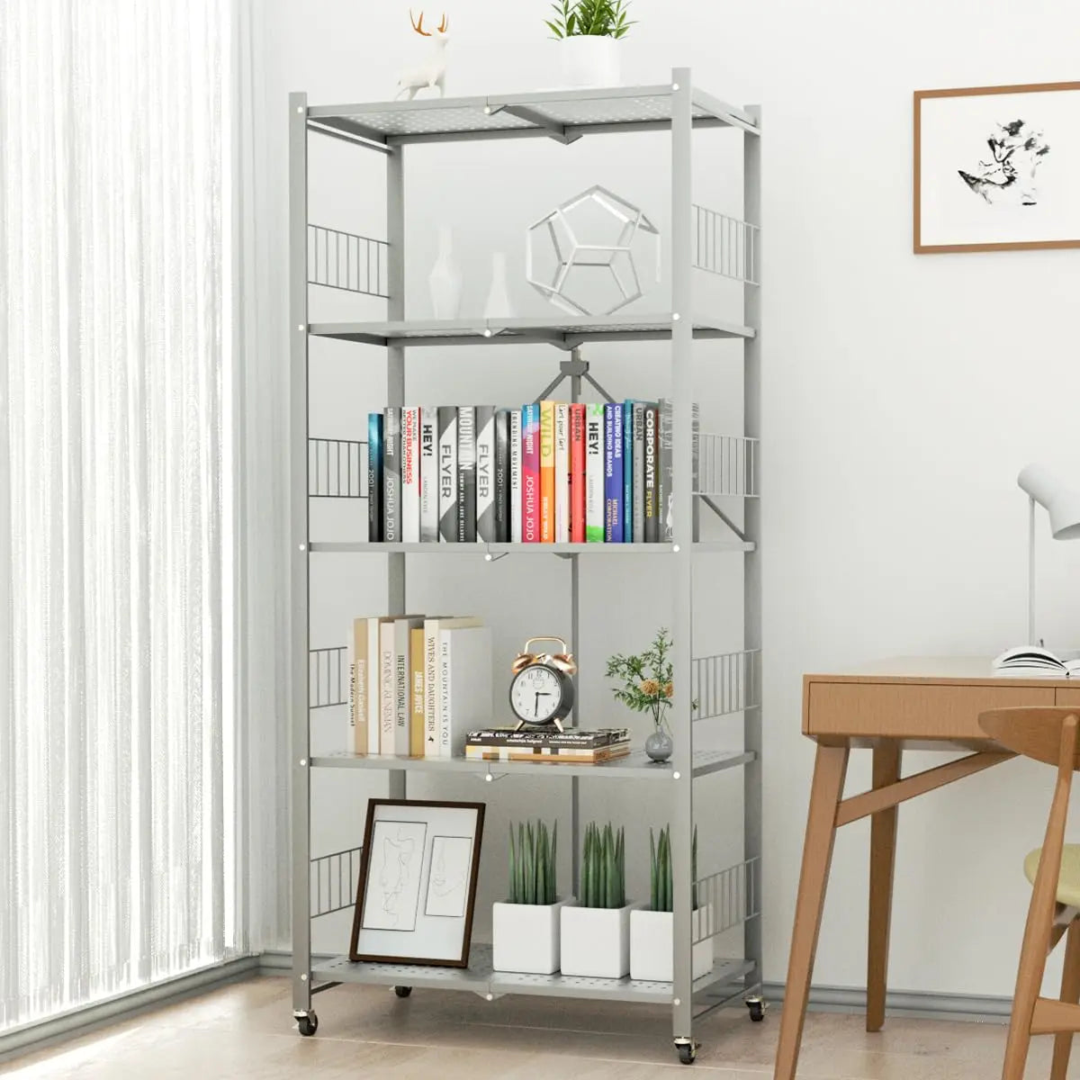 MOLYHOM Folding Storage Shelves 5-Tier/4-Tier/3-Tier Metal Collapsible Shelves with Wheels Shelving Units and Storage Rack Rolling Shelf No Assemble.  Warm Home View