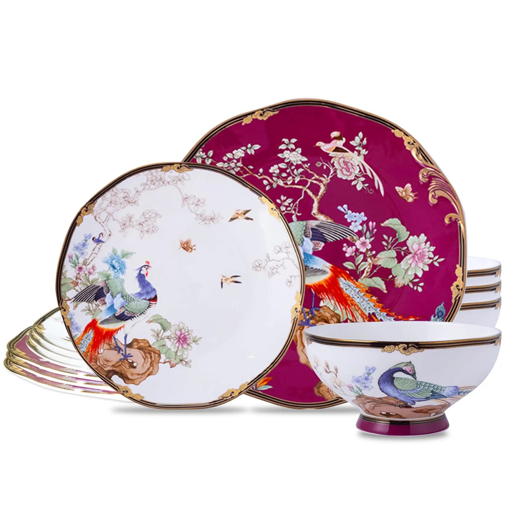ACMLIFE Bone China Dinnerware Set - Porcelain Dinnerware Set for 4 Vintage Floral China Dinnerware Set Fuchsia 12 Piece Lightweight Bone China Dinnerware Set for Kitchen Gifts for Women (Red)  Warm Home View