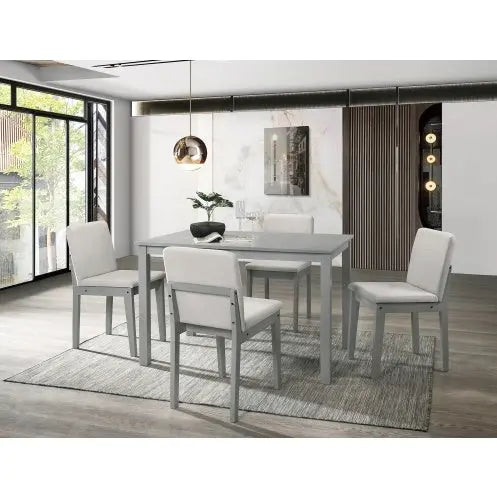 5-Piece Grey Wood Finish Dining Set with 4 Beige Fabric Upholstered Chairs  Warm Home View