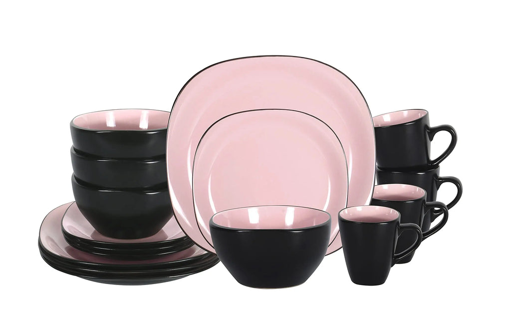 HomeVss Stoneware Square 16pc Dinnerware Set Inside Shiny Rose + Outside Matte Black  Warm Home View