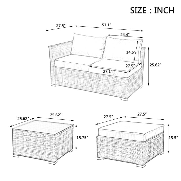 4-Piece Seasonal PE Wicker Patio Furniture Set with Tempered Glass Table - Brown  Warm Home View