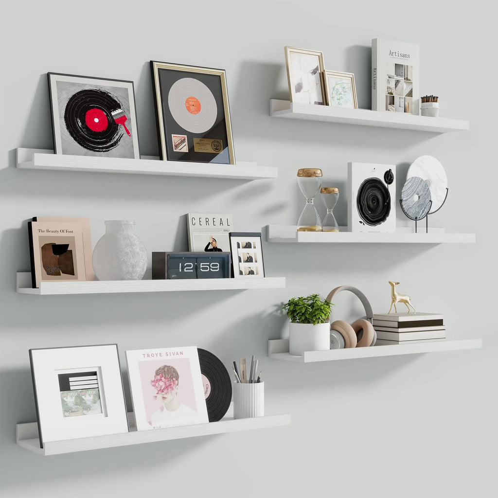 Fun Memories Picture Ledge Shelf 24 Inch Long Floating Shelves Set of 6 Picture Shelf for Wall with Lip Large Nursery Book Shelves for Storage Wall Shelves for Living Room Bedroom Kitchen White  Warm Home View