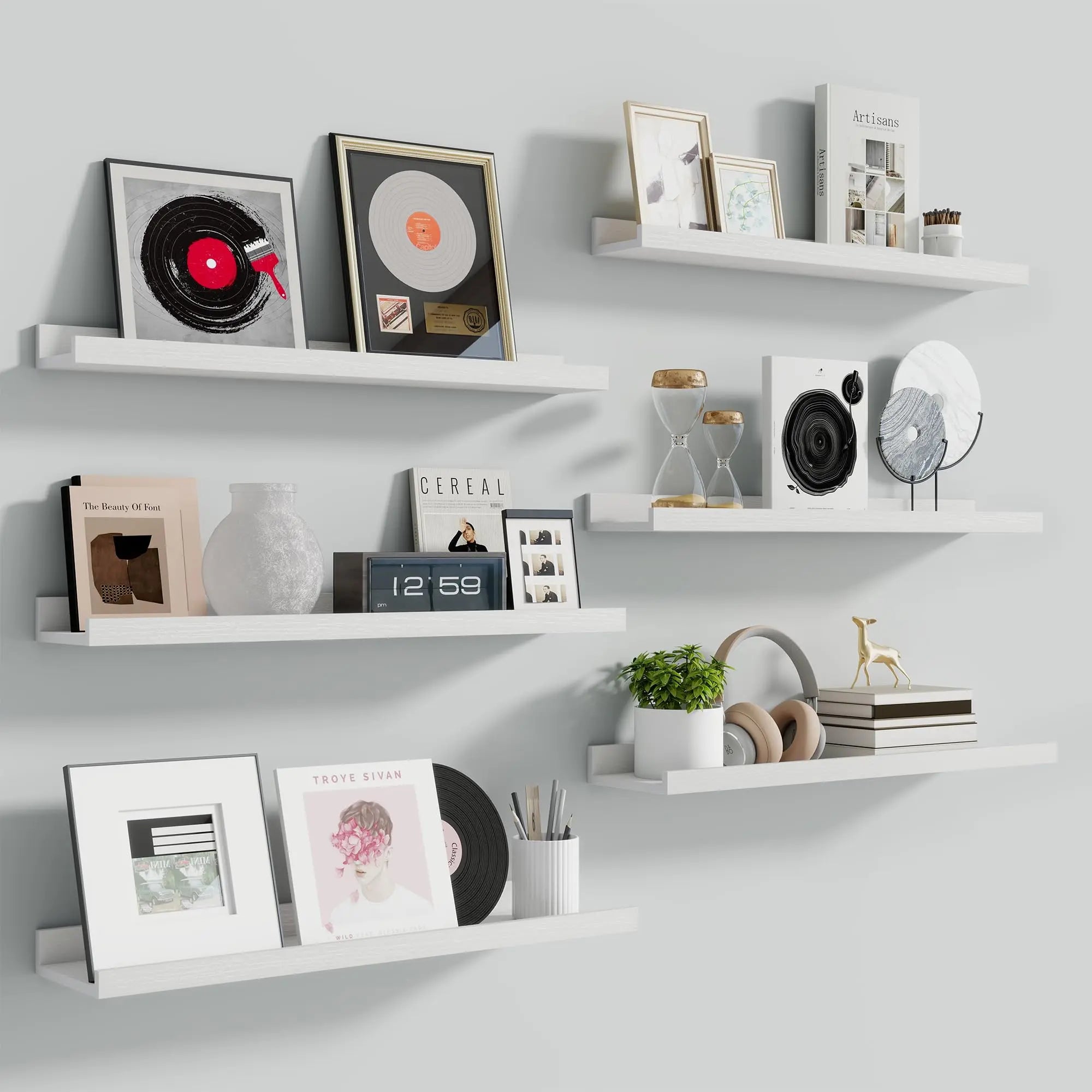 Fun Memories Picture Ledge Shelf 24 Inch Long Floating Shelves Set of 6 Picture Shelf for Wall with Lip Large Nursery Book Shelves for Storage Wall Shelves for Living Room Bedroom Kitchen White  Warm Home View