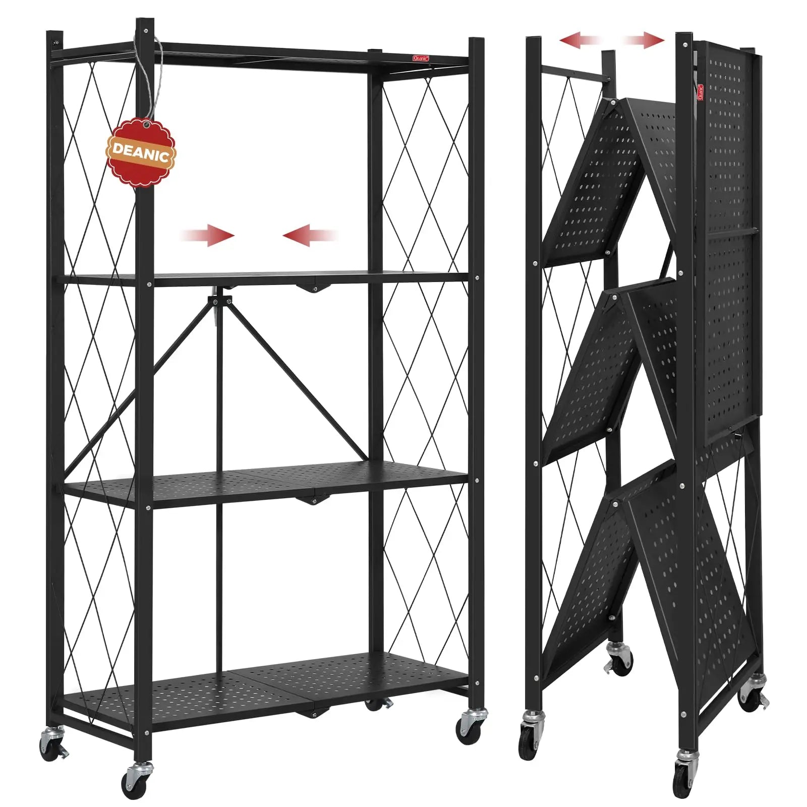 DEANIC 4 Tier Foldable Storage Shelves with Wheels Large Capacity Shelving Unit Freestanding Metal Wire Shelf Rack No Assembly Organizer Rack for Garage Kitchen Basement Pantry(Black)  Warm Home View