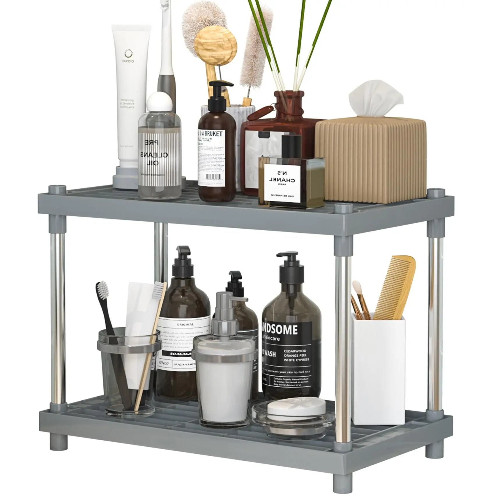LEAIJIAFY 2 Tier Gray Bathroom Organizer ShelfKitchen Counter Shelves Spice RackPantry Storage Shelf OrganizerOpen Standing Shelving Unit for CupboardUnder SinkPlastic Mesh Shelf Design  Warm Home View