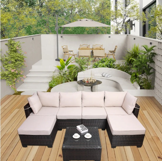Outdoor Garden PE Rattan Sectional Sofa Set - 7-Piece, Beige  Warm Home View