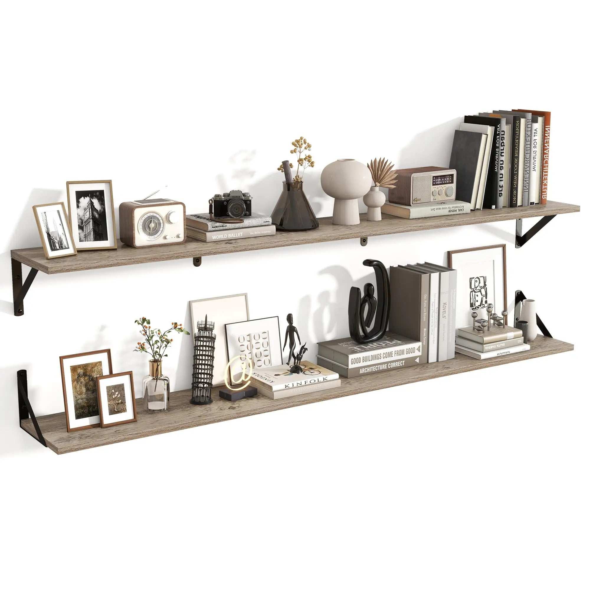 Axeman Floating Shelves for Wall 55 Inches Long | 55W x 8D Rustic Grey Wood Floating Shelves Set of 2 | 8" Deep Wall Shelves for Bathroom Kitchen Living Room | Bookshelf Display Shelves - Grey  Warm Home View