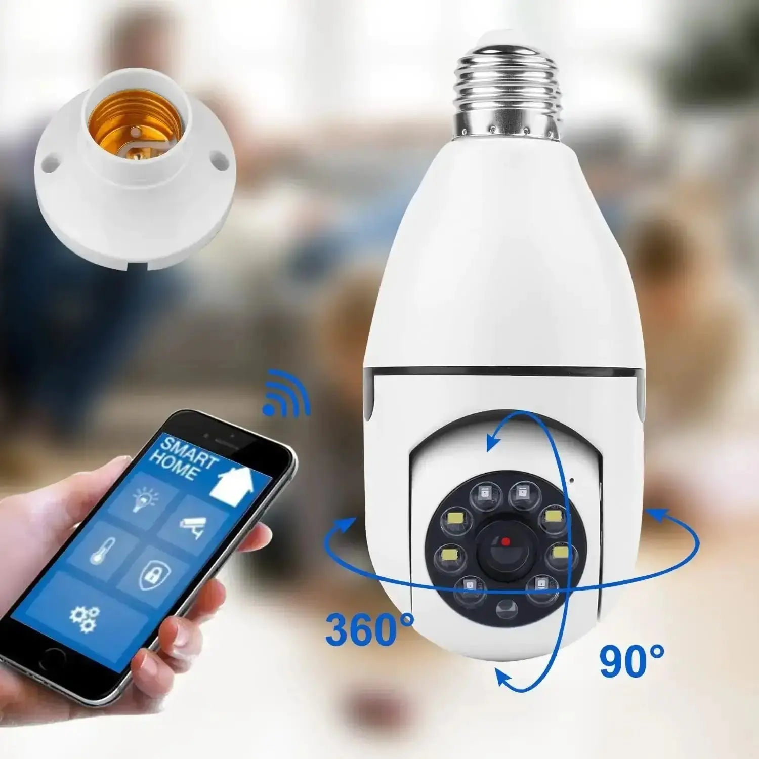1080P Light Bulb Camera 360 Degree Wireless Wifi for smart home security with remote access via smartphone.