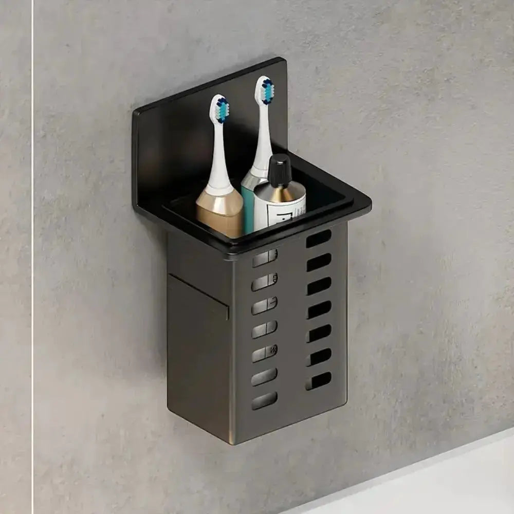 1pc Modern Wall-Mounted Bathroom Organizer holding toothbrushes and toothpaste in a sleek black design.