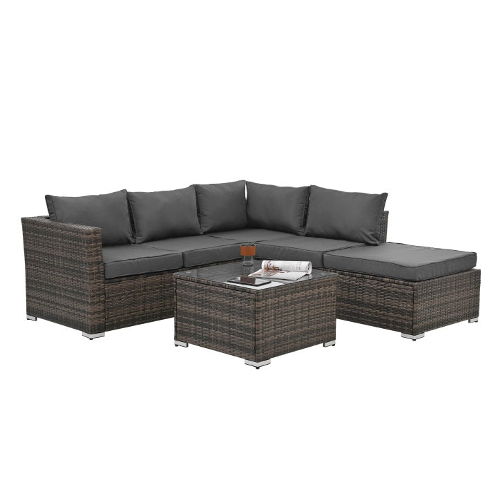 4-Piece Seasonal PE Wicker Patio Furniture Set with Tempered Glass Table - Brown  Warm Home View