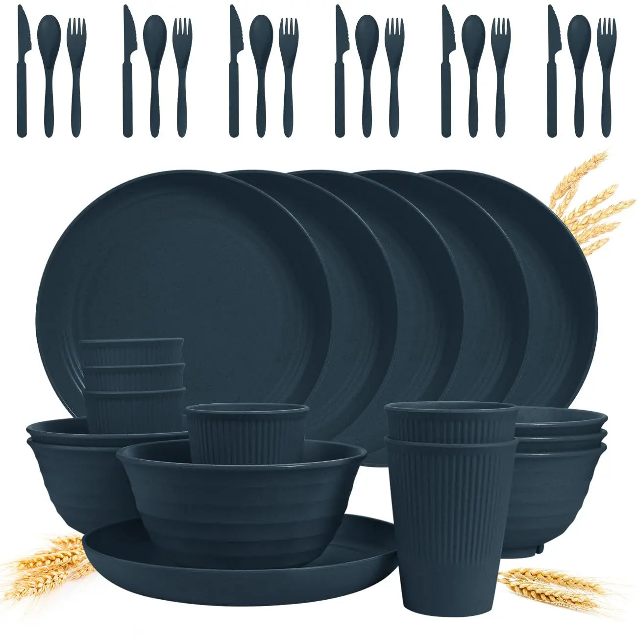 Wheat Straw Dinnerware Sets - SGAOFIEE 36 Piece Unbreakable Dinnerware Sets Reusable Wheat Straw Plates and Bowls Sets Travel Camping Cutlery Set Dishwasher Microwave Safe Dinnerware-Blue  Warm Home View