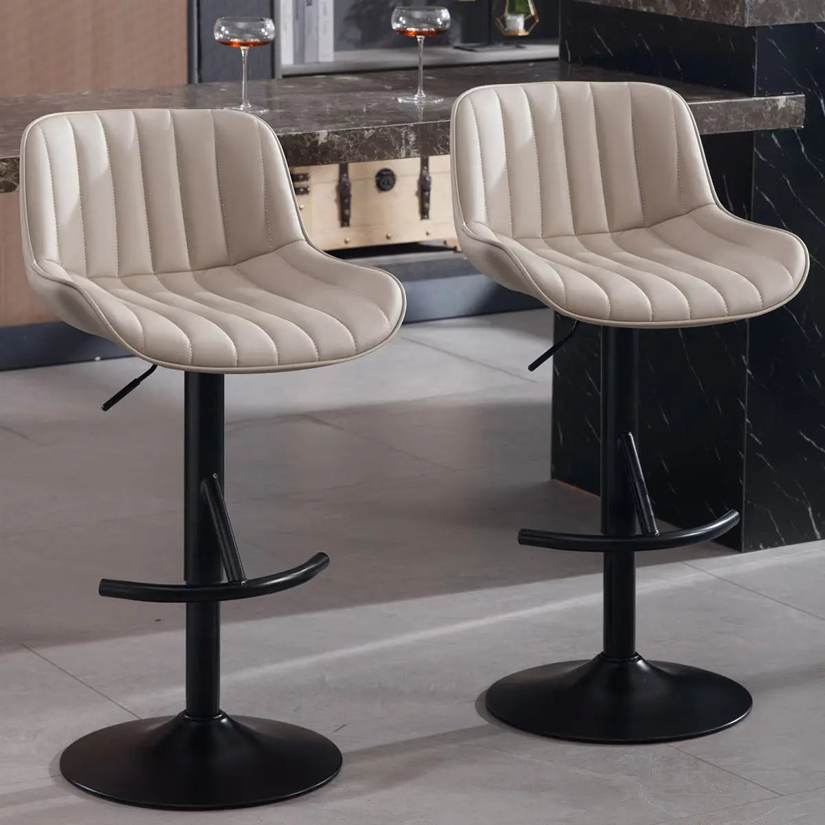 Premium Adjustable Black Leather Bar Stools with 360° Swivel and Steel Frame - Set of 2  Warm Home View