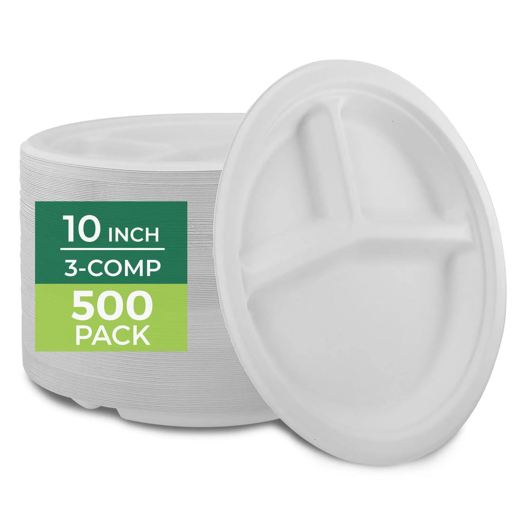Freshware Paper Plates - Disposable 10" Plate 500-Pack Biodegradable Sugarcane Dinner Plates - Heavy Duty Dinnerware - Microwave & Freezer Safe Stackable Dinnerware - 3-Compartment  Warm Home View