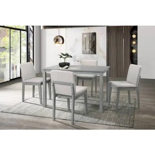 5-Piece Grey Wood Finish Dining Set with 4 Beige Fabric Upholstered Chairs  Warm Home View