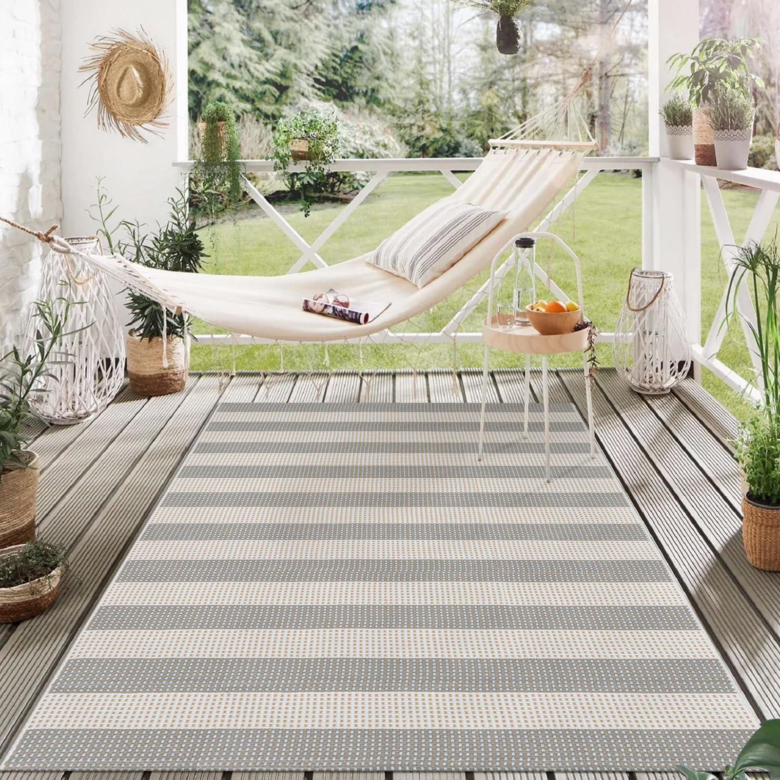 Outdoor Washable Cotton Rug - Striped Grey/White, 1-Piece  Warm Home View