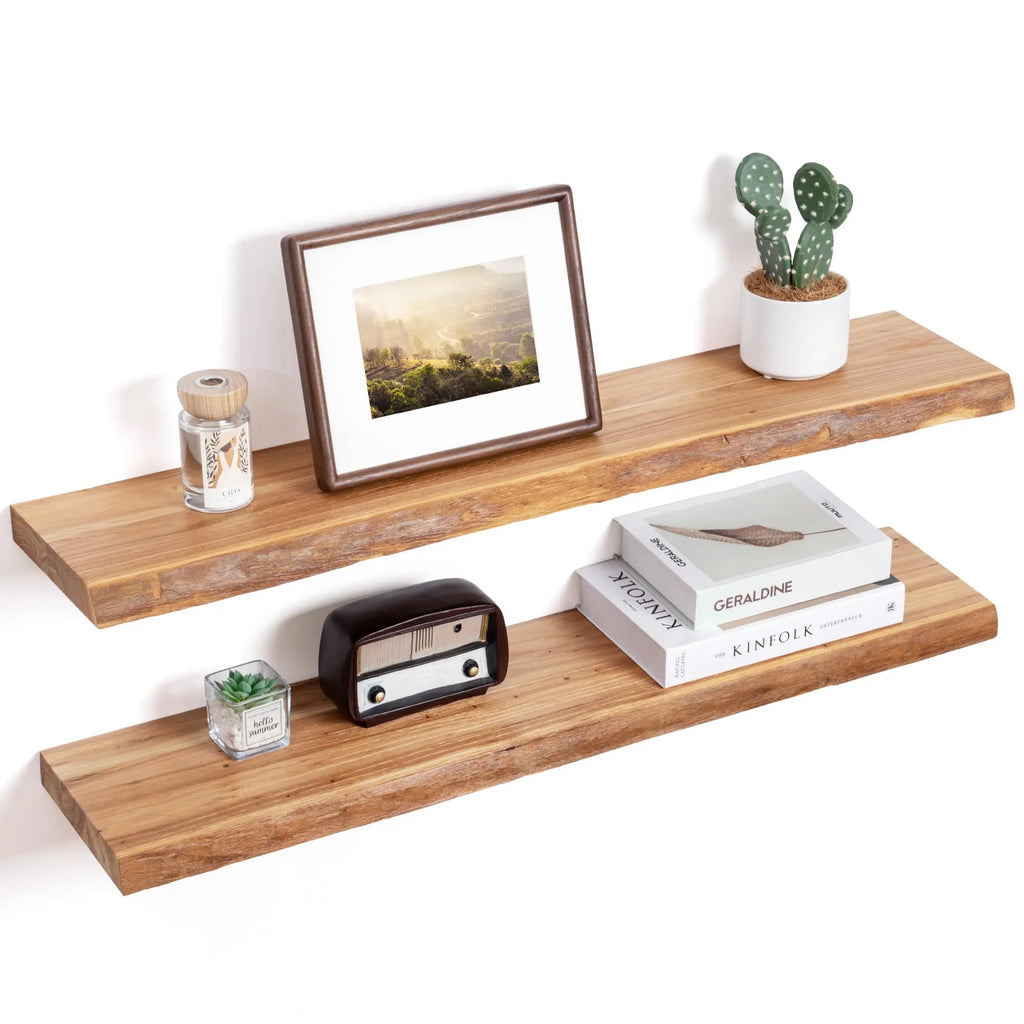 FLYJOE Floating Shelves for Wall Decor Rustic Solid Elm Wood Floating Shelves Wall Mounted Wall Shelves with Invisible Bracket for Living Room Bathroom Bedroom Kitchen 36 Inch Set of 2 Natural  Warm Home View