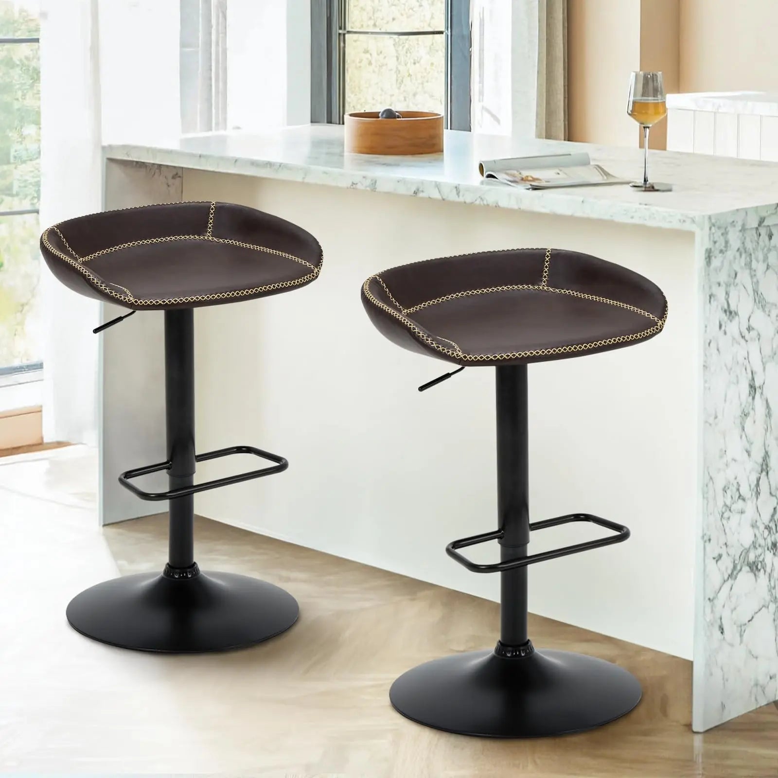Modern Adjustable Swivel Bar Stools Dark Brown 2-Piece  Warm Home View