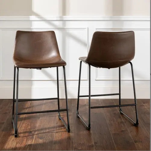 Set of 2 Industrial Brown Faux Leather Counter Stools with Powder-Coated Metal Base  Warm Home View
