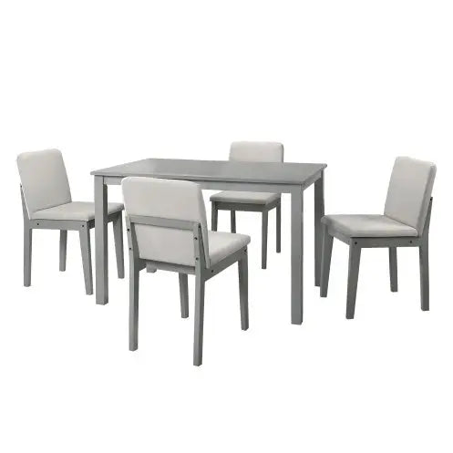 5-Piece Grey Wood Finish Dining Set with 4 Beige Fabric Upholstered Chairs  Warm Home View