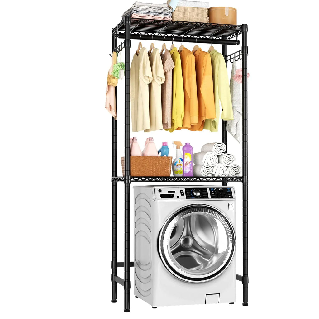 Golpart Over Washer and Dryer Shelves2 Tier Adjustable Height Wire Shelving Laundry Room Storage Organization Clothes Drying Rack with Hanger Rod&HooksSpace Saving Organizers ShelfBlack  Warm Home View