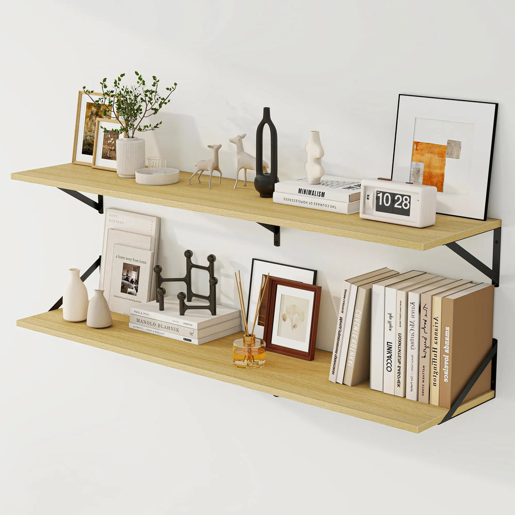 Fun Memories Floating Shelves for Wall 12 Inch Deep Floating Shelves Set of 2 55W x 12D Large Wall Shelves with Sturdy Metal Brackets for Living Room Bathroom Bedroom and Kitchen Oak  Warm Home View