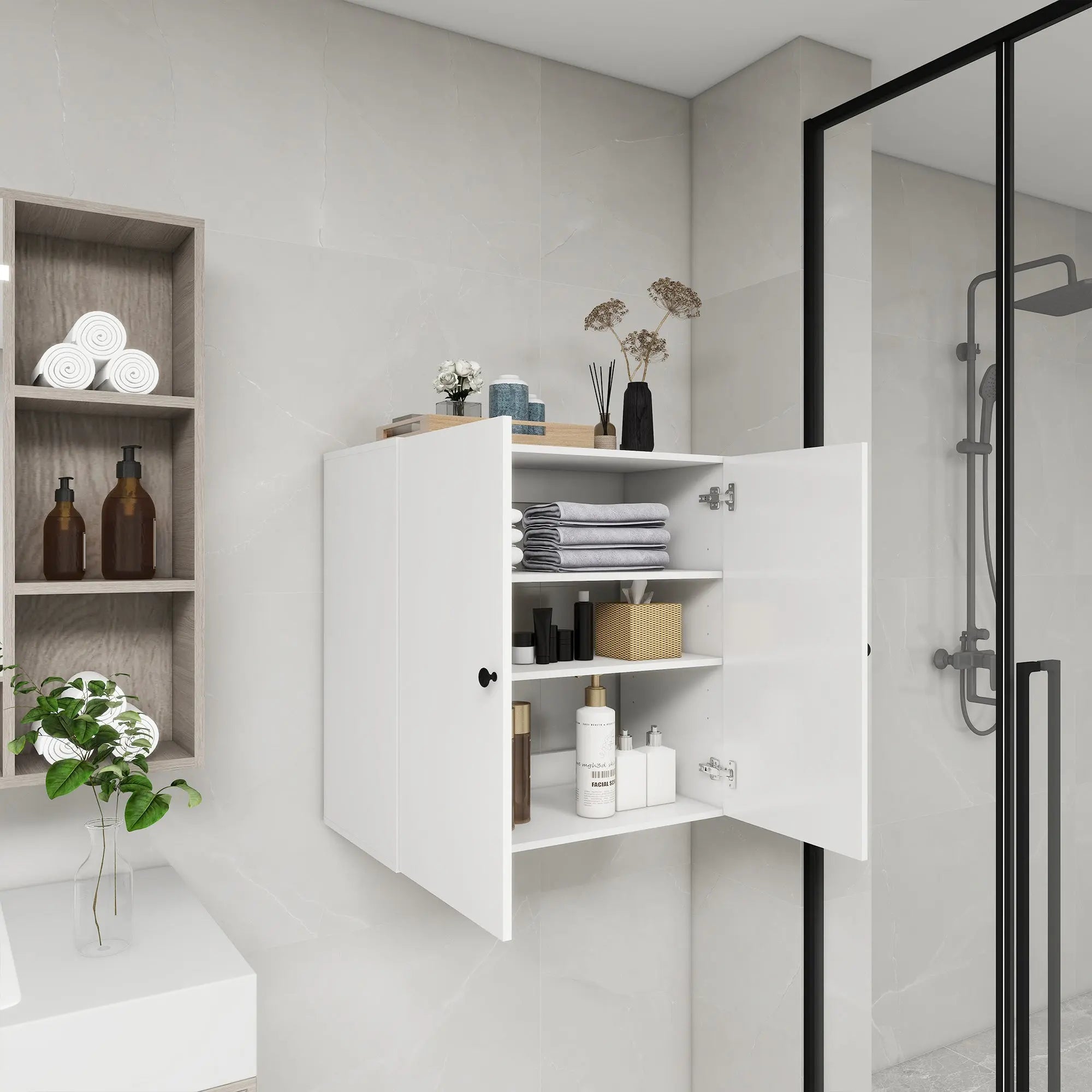 C2 Closet Shelves for bathroom,Wooden Closet System Modular With 2 Doors Shelves Wall Mount Organizer Modern Shelving for Walk in Closet Organization Bedroom Built in Clothes Storage 31.49''W x 16.04''D x 31.49''H  Warm Home View