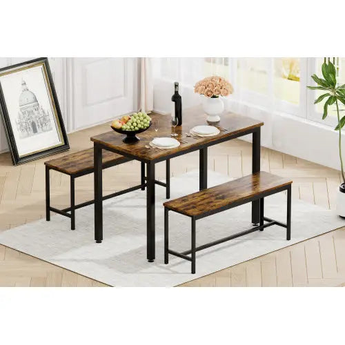Rustic Brown Bench Dining Table Set Wood/Steel 3-Piece  Warm Home View