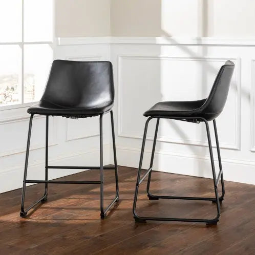 Set of 2 Industrial Black Faux Leather Counter Stools with Durable Steel Frame  Warm Home View