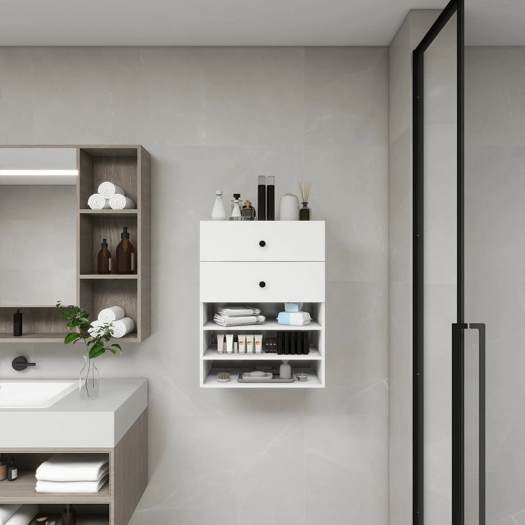 C1 Modular Wooden Closet Organizer System with 2 Drawers 3 Shelves Wall Mount Shelving for Walk in Closet Bedroom Organization Built in Clothes Storage White 23.62''W x 16.04''D x 31.49''H  Warm Home View