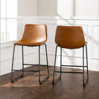 Set of 2 Industrial Whiskey Brown Faux Leather Counter Stools with Metal Frame  Warm Home View
