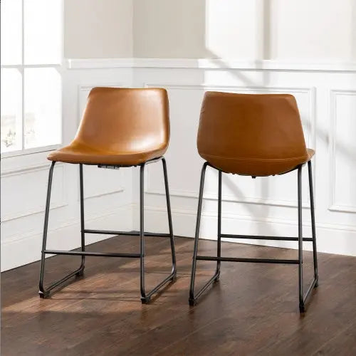 Set of 2 Industrial Whiskey Brown Faux Leather Counter Stools with Metal Frame  Warm Home View