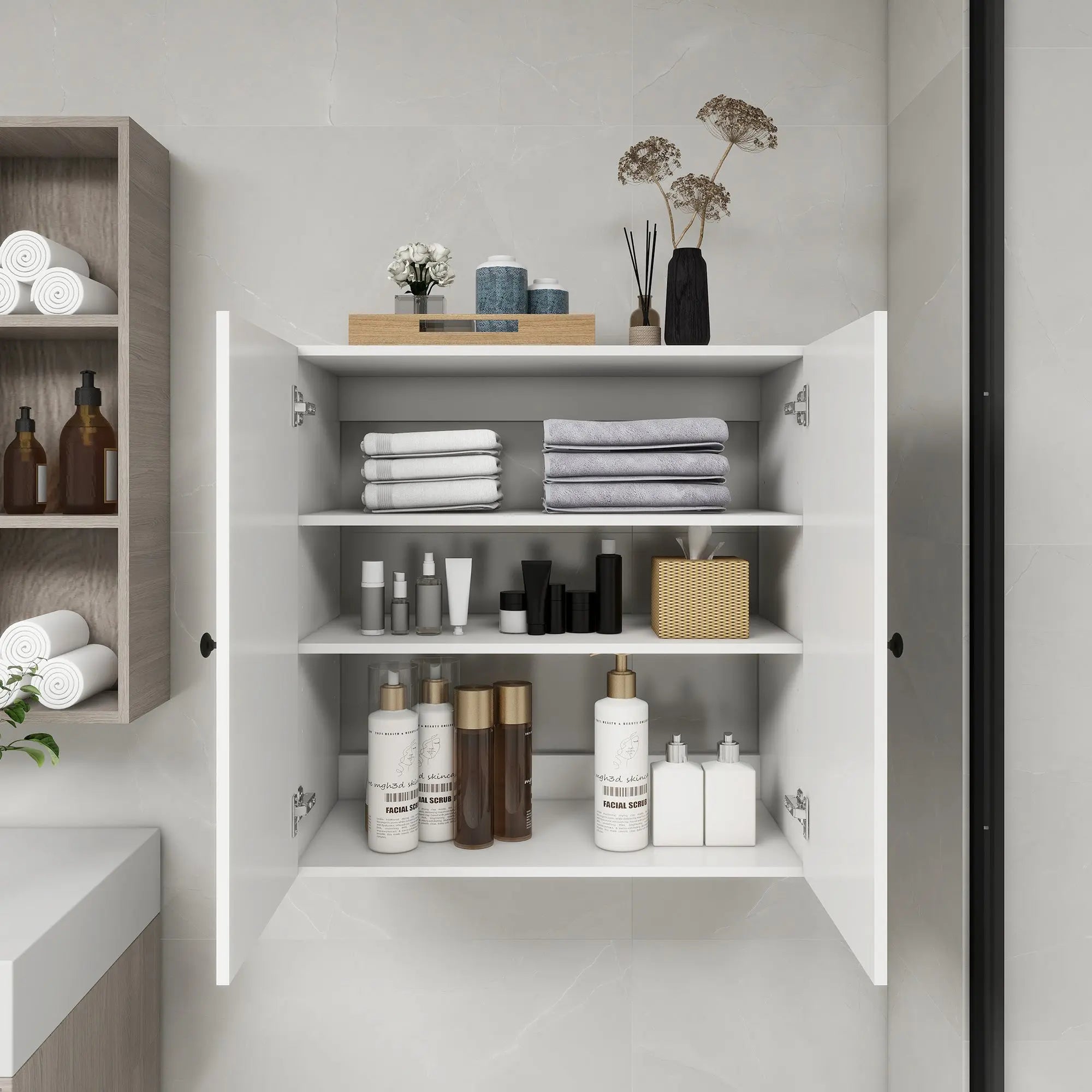C2 Closet Shelves for bathroom,Wooden Closet System Modular With 2 Doors Shelves Wall Mount Organizer Modern Shelving for Walk in Closet Organization Bedroom Built in Clothes Storage 31.49''W x 16.04''D x 31.49''H  Warm Home View