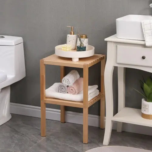 2-Tier Birch Bathroom Shelf, Narrow Shelving Unit, Multifunctional Storage Rack, Corner Rack, For Kitchen, Living Room, Bedroom, Entryway, Bathroom, Natural  Warm Home View