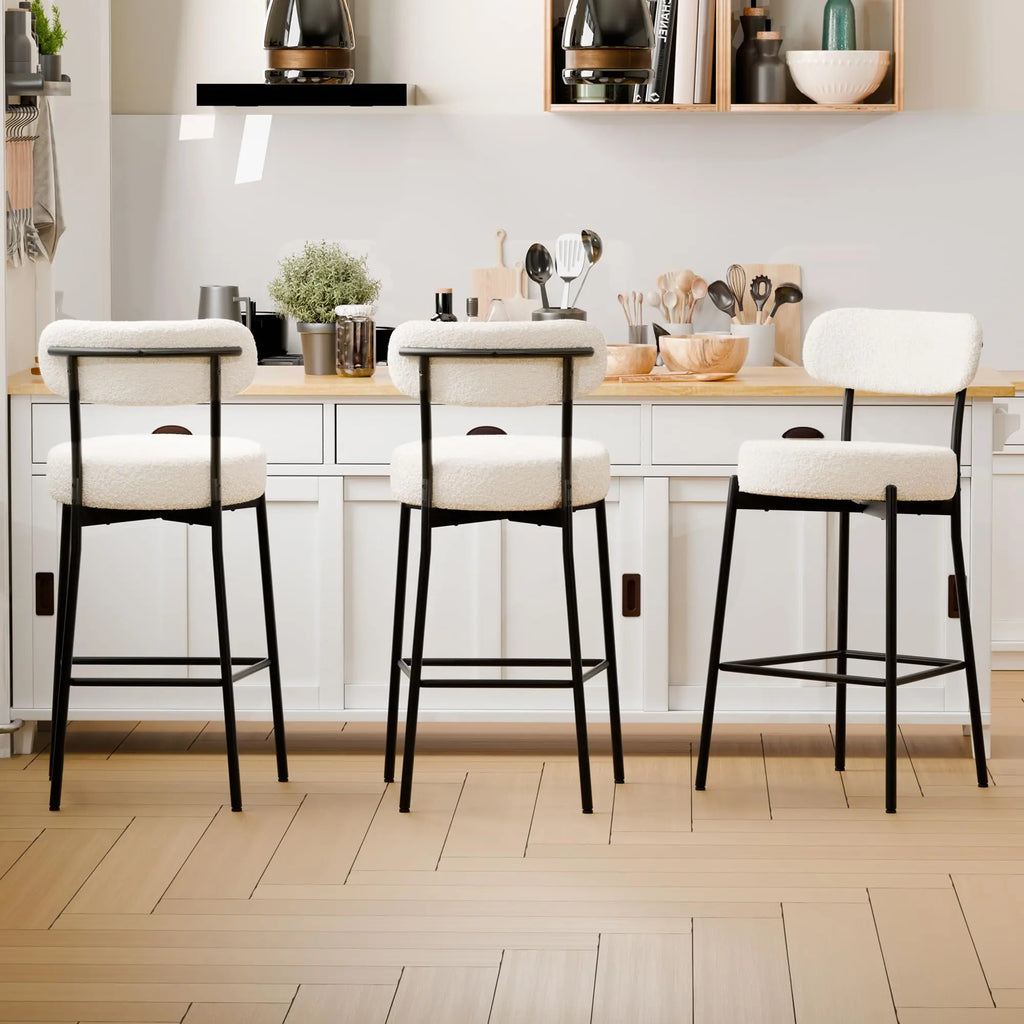 White Boucle Counter Height Bar Stools Metal 3-Piece  Warm Home View