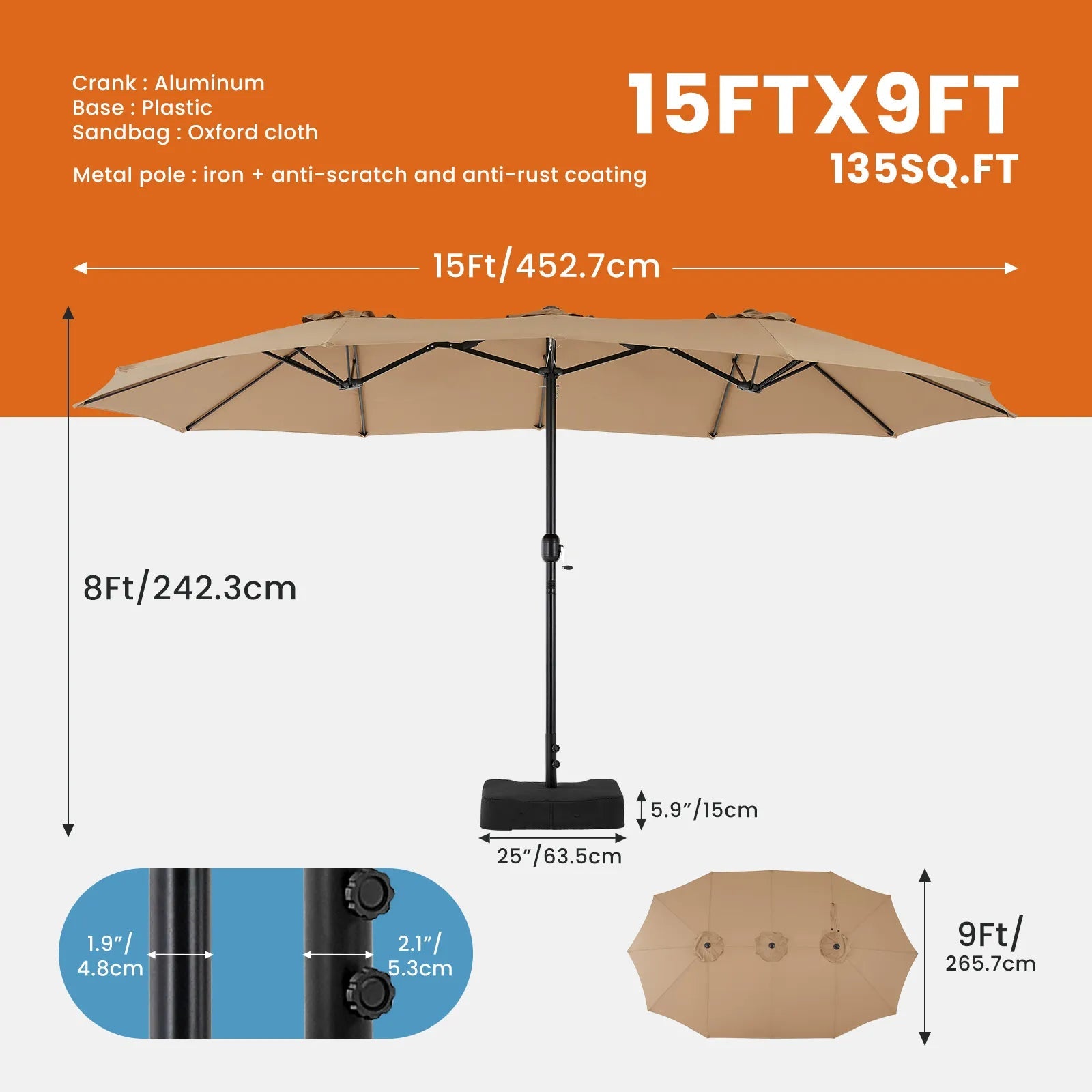Large Outdoor Patio Umbrella - Polyester, 3-Piece Set  Warm Home View