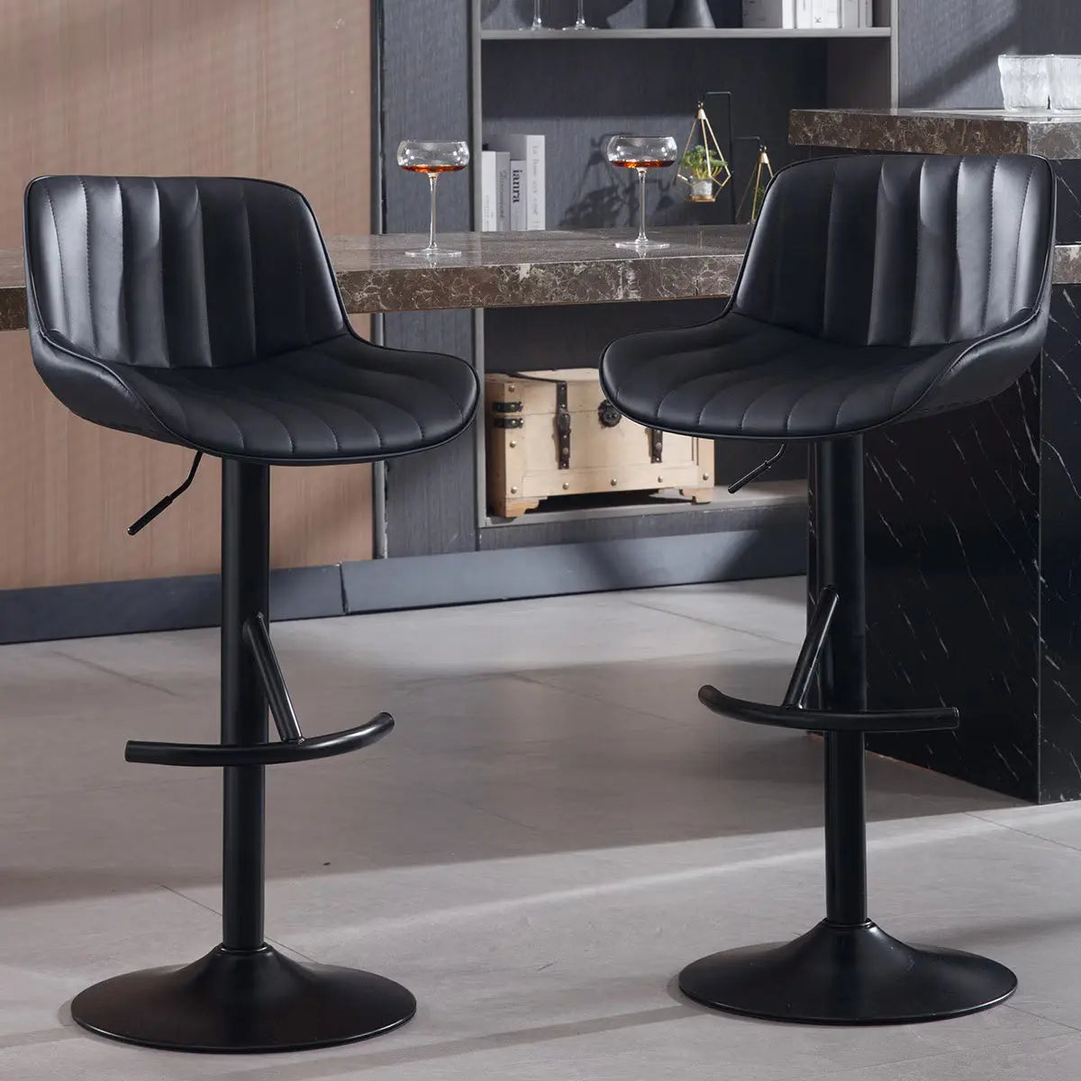 Premium Adjustable Black Leather Bar Stools with 360° Swivel and Steel Frame - Set of 2  Warm Home View