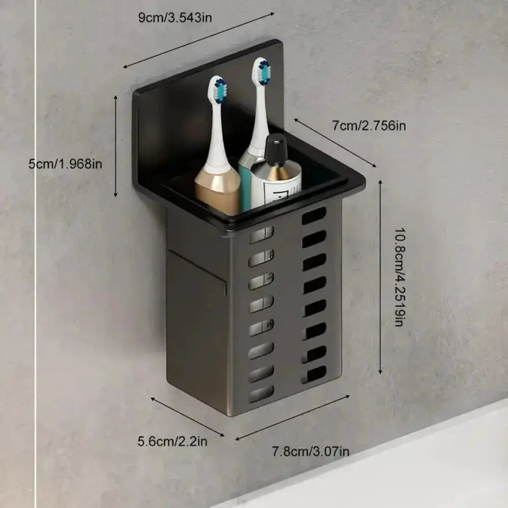 1pc Modern Wall-Mounted Bathroom Organizer holding toothbrushes and toothpaste in a sleek black design.