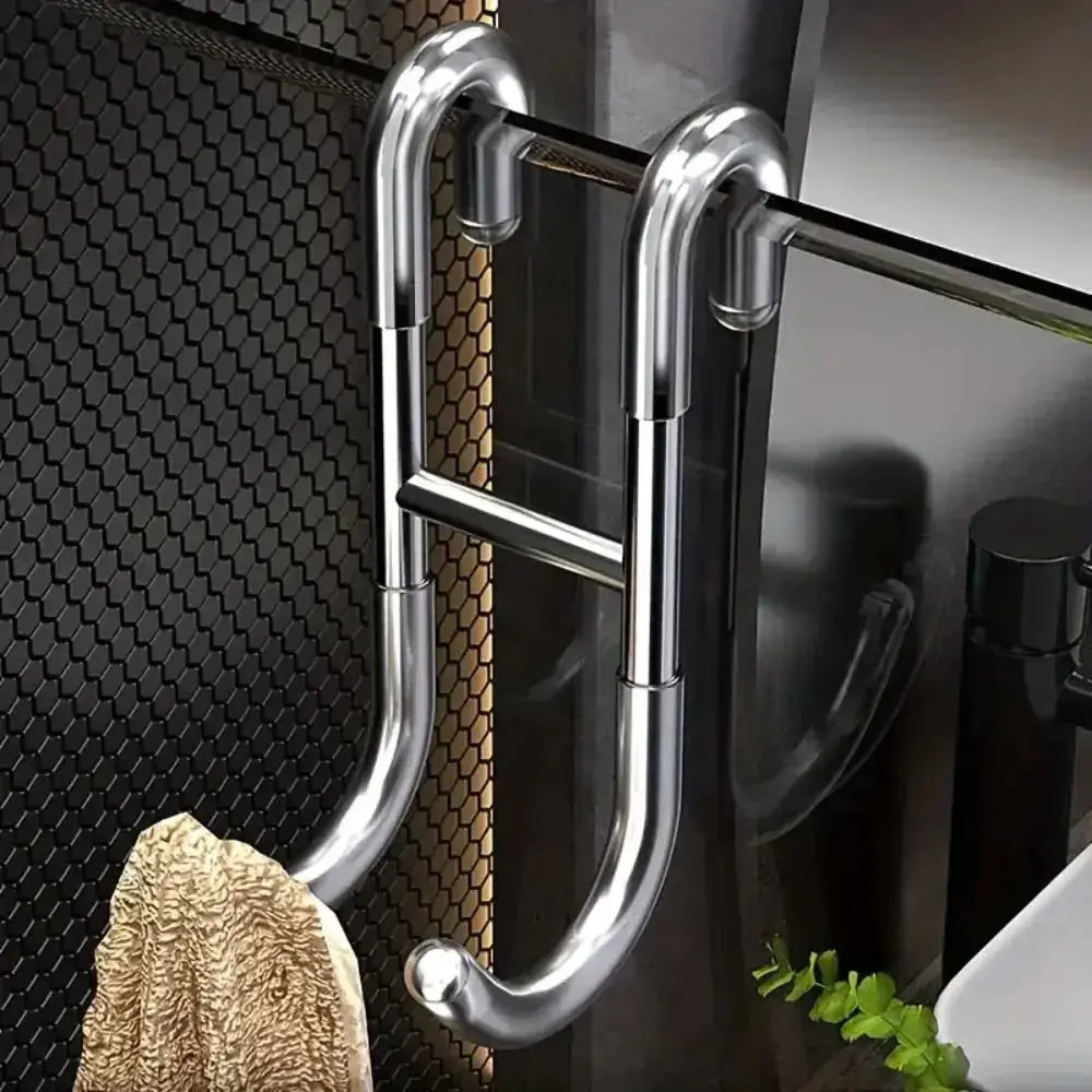 Rust Resistant Multifunctional Shower Door Hook displayed on a sleek bathroom wall, ideal for towels and loofahs.