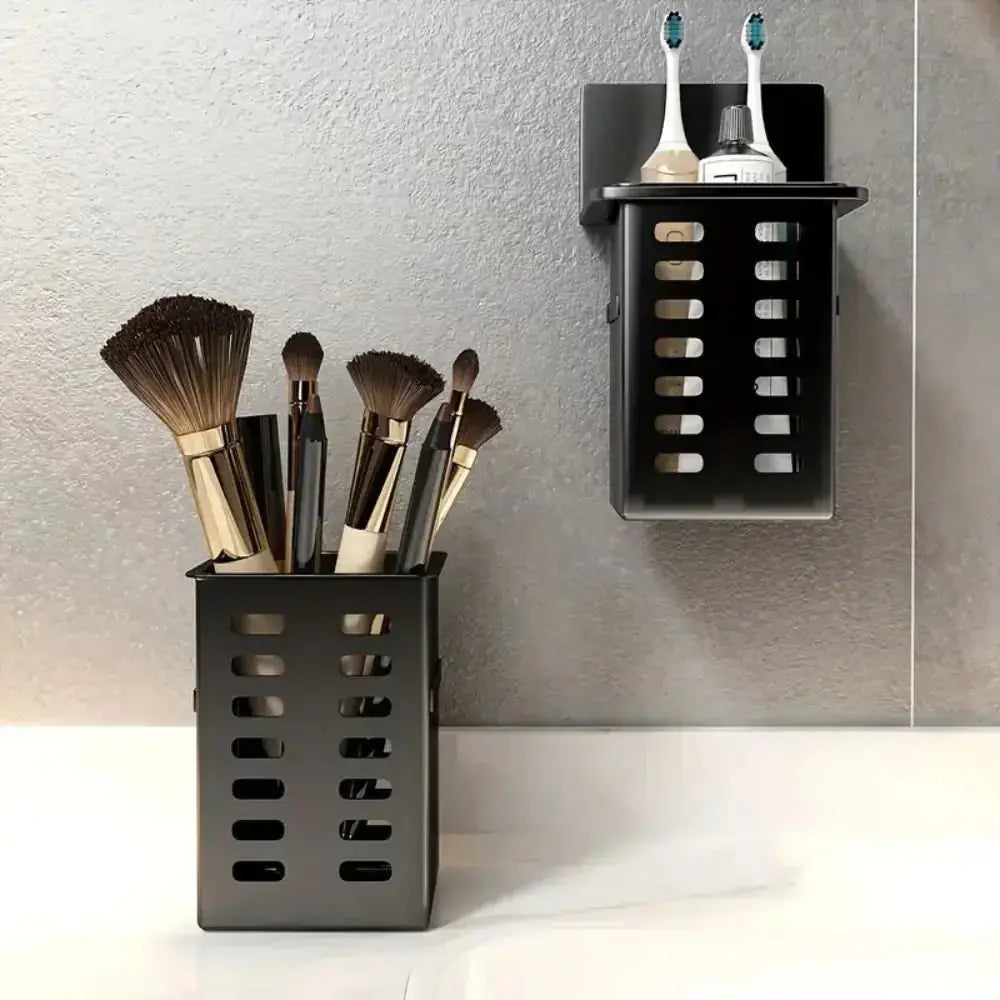 1pc Modern Wall-Mounted Bathroom Organizer holding toothbrushes and toothpaste in a sleek black design.