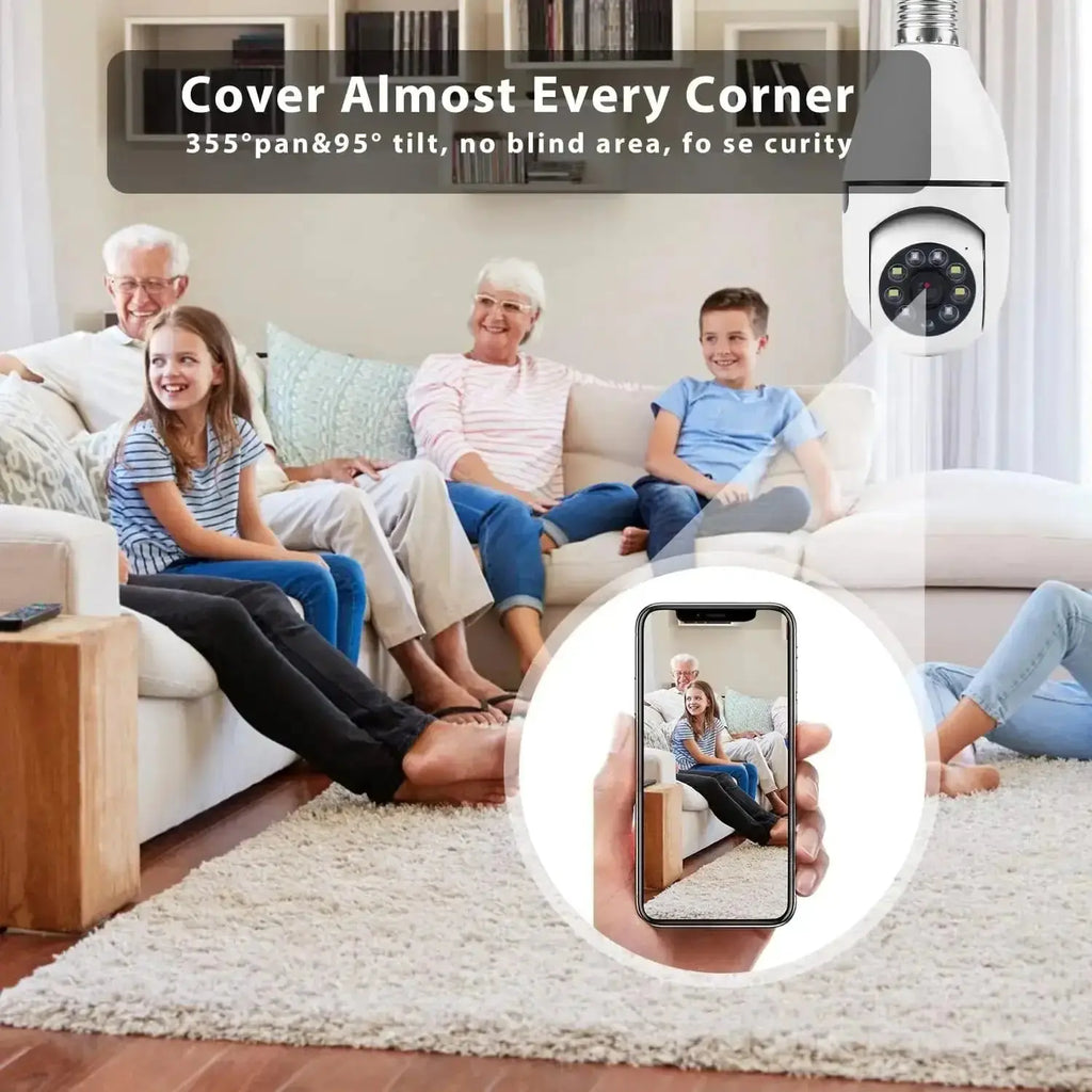 Family enjoying a living room with a 1080P Light Bulb Camera 360 Degree Wireless Wifi for home security.